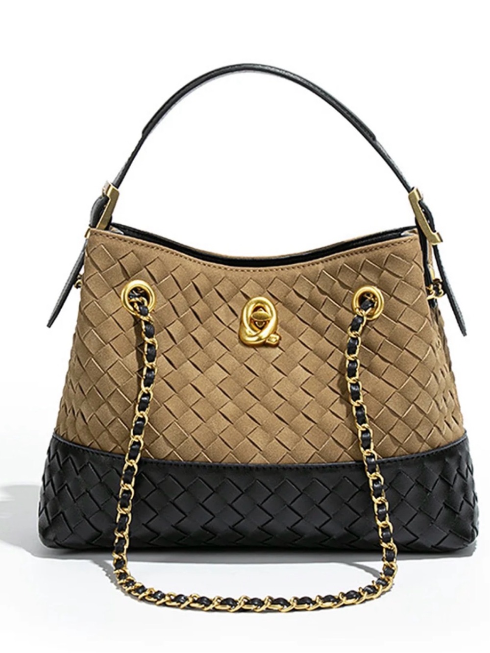 Commense Woven Two-Tone Shoulder Bag in Taupe and Black